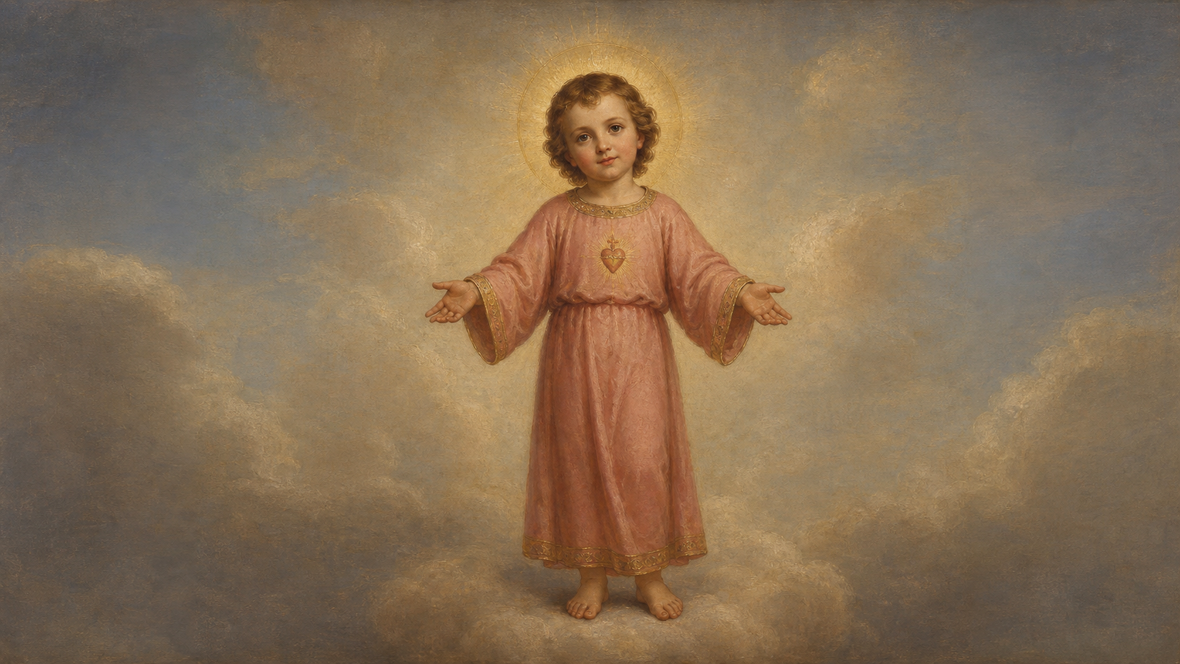 Pintura del Divino Niño Jesús entre nubes y luz celestial